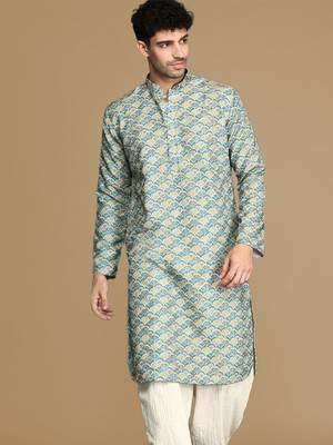 Unleash your style with men's firozi printed trendy fusion wear kurta by sanwara 2