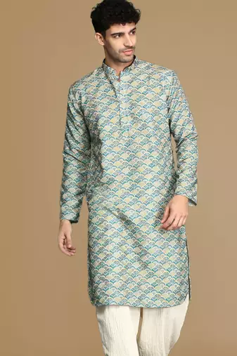 Unleash your style with men's firozi printed trendy fusion wear kurta by sanwara