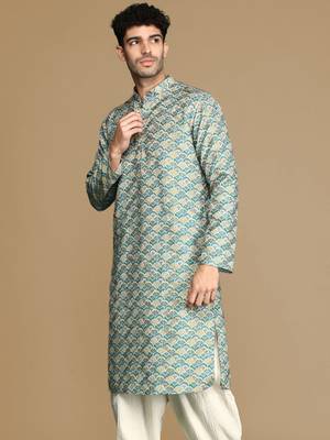 Unleash your style with men's firozi printed trendy fusion wear kurta by sanwara 3