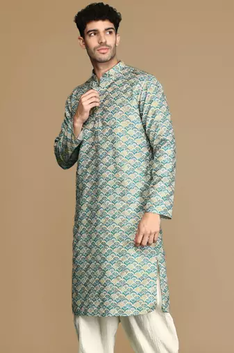 Unleash your style with men's firozi printed trendy fusion wear kurta by sanwara