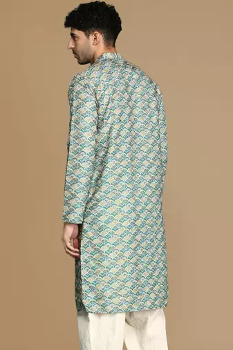 Unleash your style with men's firozi printed trendy fusion wear kurta by sanwara