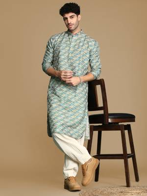 Unleash your style with men's firozi printed trendy fusion wear kurta by sanwara 5