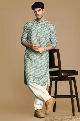 Unleash your style with men's firozi printed trendy fusion wear kurta by sanwara