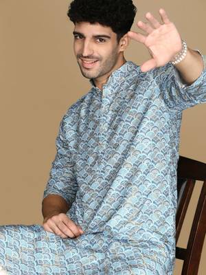 Unleash your style with men's sky blue printed trendy fusion wear kurta by sanwara 1