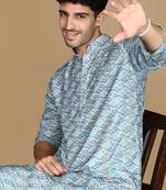 Unleash your style with men's sky blue printed trendy fusion wear kurta by sanwara