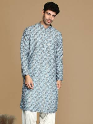 Unleash your style with men's sky blue printed trendy fusion wear kurta by sanwara 2