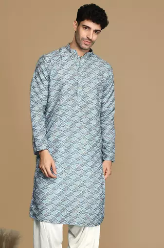 Unleash your style with men's sky blue printed trendy fusion wear kurta by sanwara