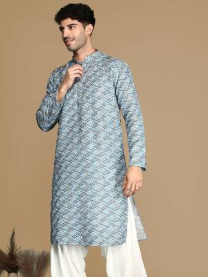 Unleash your style with men's sky blue printed trendy fusion wear kurta by sanwara 3