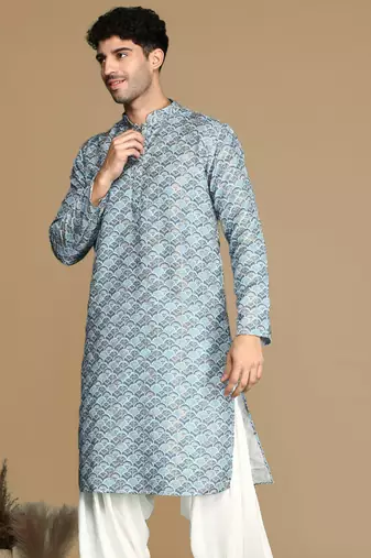 Unleash your style with men's sky blue printed trendy fusion wear kurta by sanwara