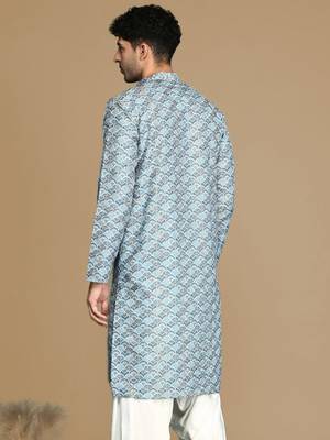 Unleash your style with men's sky blue printed trendy fusion wear kurta by sanwara 4