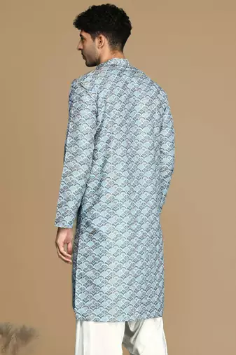 Unleash your style with men's sky blue printed trendy fusion wear kurta by sanwara