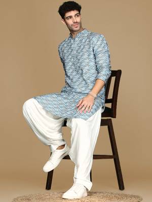 Unleash your style with men's sky blue printed trendy fusion wear kurta by sanwara 5