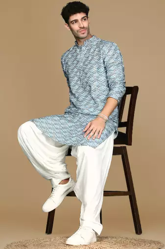 Unleash your style with men's sky blue printed trendy fusion wear kurta by sanwara