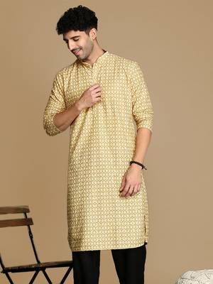 Dapper & dazzling men's printed brown sequins touch up fusion wear cotton kurta by sanwara 1