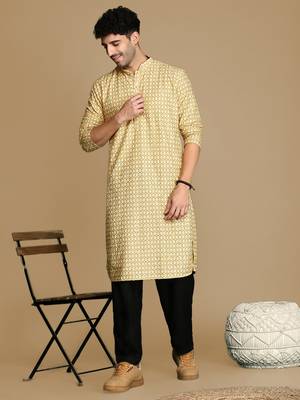 Dapper & dazzling men's printed brown sequins touch up fusion wear cotton kurta by sanwara 2