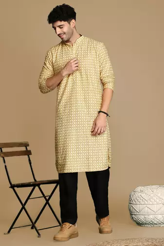 Dapper & dazzling men's printed brown sequins touch up fusion wear cotton kurta by sanwara