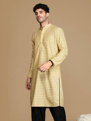 Dapper & dazzling men's printed brown sequins touch up fusion wear cotton kurta by sanwara 3