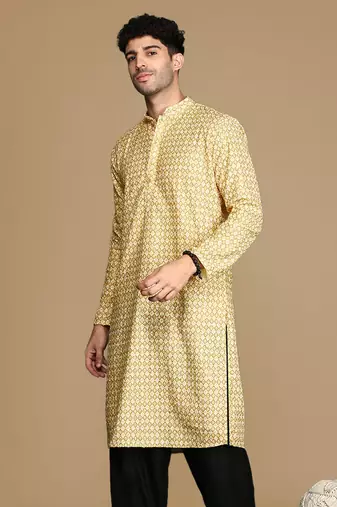 Dapper & dazzling men's printed brown sequins touch up fusion wear cotton kurta by sanwara