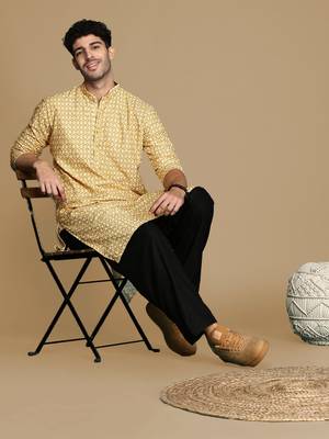 Dapper & dazzling men's printed brown sequins touch up fusion wear cotton kurta by sanwara 5