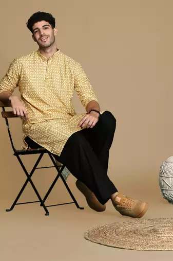 Dapper & dazzling men's printed brown sequins touch up fusion wear cotton kurta by sanwara