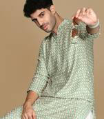Dapper & dazzling men's printed green sequins touch up fusion wear cotton kurta by sanwara