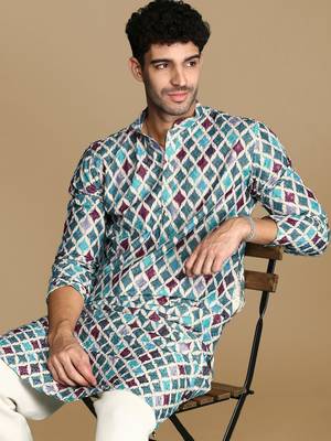 Dapper & dazzling men's printed firozi sequins touch up fusion wear cotton kurta by sanwara 1
