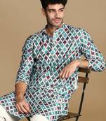 Dapper & dazzling men's printed firozi sequins touch up fusion wear cotton kurta by sanwara
