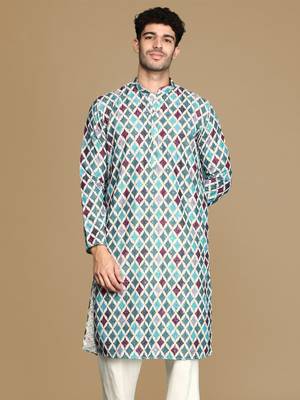 Dapper & dazzling men's printed firozi sequins touch up fusion wear cotton kurta by sanwara 2