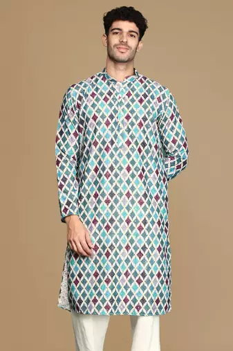 Dapper & dazzling men's printed firozi sequins touch up fusion wear cotton kurta by sanwara