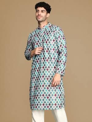 Dapper & dazzling men's printed firozi sequins touch up fusion wear cotton kurta by sanwara 3