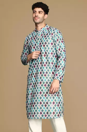 Dapper & dazzling men's printed firozi sequins touch up fusion wear cotton kurta by sanwara