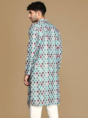 Dapper & dazzling men's printed firozi sequins touch up fusion wear cotton kurta by sanwara 4