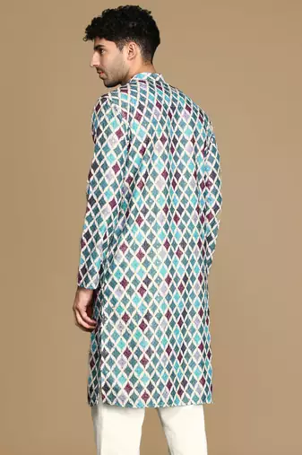 Dapper & dazzling men's printed firozi sequins touch up fusion wear cotton kurta by sanwara