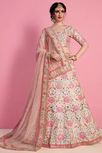 peach and pink embroidered art silk blouse with dupatta