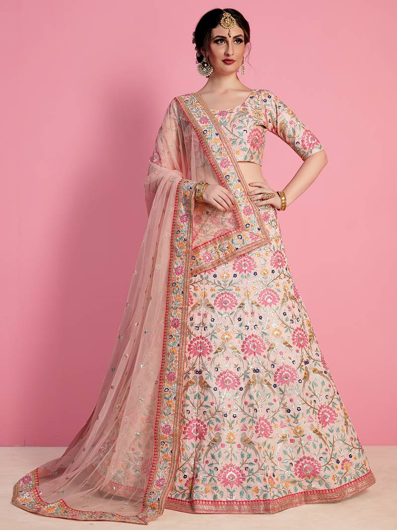 Peach and Pink Embroidered Art Silk Blouse with Dupatta