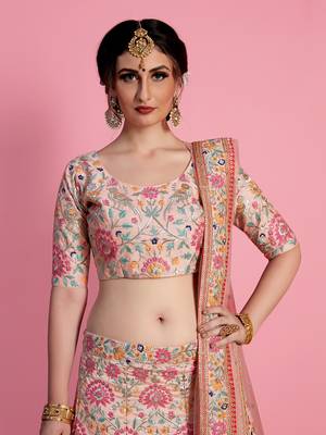 peach and pink embroidered art silk blouse with dupatta 3