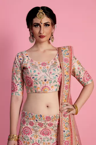 peach and pink embroidered art silk blouse with dupatta