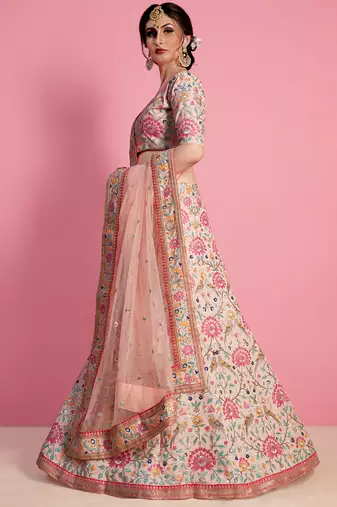 peach and pink embroidered art silk blouse with dupatta