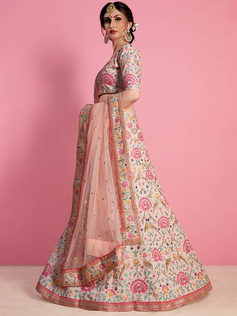 Peach and Pink Embroidered Art Silk Blouse with Dupatta