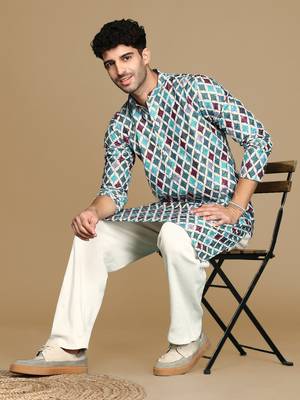 Dapper & dazzling men's printed firozi sequins touch up fusion wear cotton kurta by sanwara 5