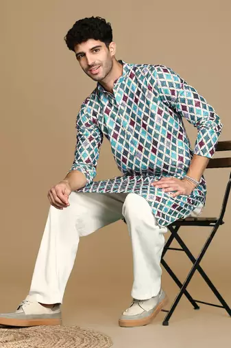 Dapper & dazzling men's printed firozi sequins touch up fusion wear cotton kurta by sanwara