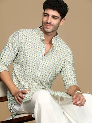 Dapper & dazzling men's printed light yellow sequins touch up fusion wear cotton kurta by sanwara 1
