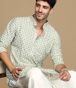 Dapper & dazzling men's printed light yellow sequins touch up fusion wear cotton kurta by sanwara