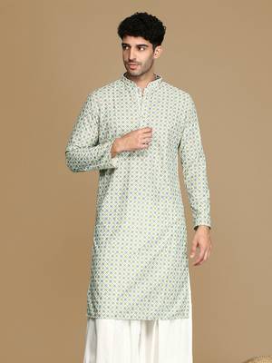Dapper & dazzling men's printed light yellow sequins touch up fusion wear cotton kurta by sanwara 2