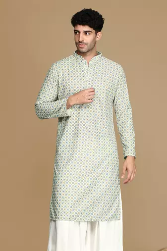 Dapper & dazzling men's printed light yellow sequins touch up fusion wear cotton kurta by sanwara