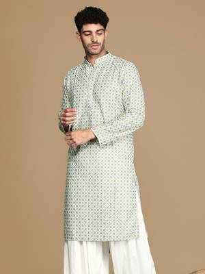 Dapper & dazzling men's printed light yellow sequins touch up fusion wear cotton kurta by sanwara 3