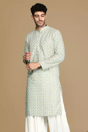 Dapper & dazzling men's printed light yellow sequins touch up fusion wear cotton kurta by sanwara