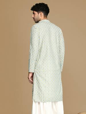 Dapper & dazzling men's printed light yellow sequins touch up fusion wear cotton kurta by sanwara 4