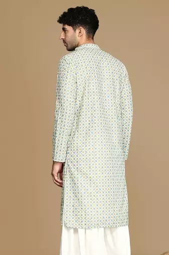 Dapper & dazzling men's printed light yellow sequins touch up fusion wear cotton kurta by sanwara