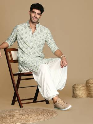 Dapper & dazzling men's printed light yellow sequins touch up fusion wear cotton kurta by sanwara 5